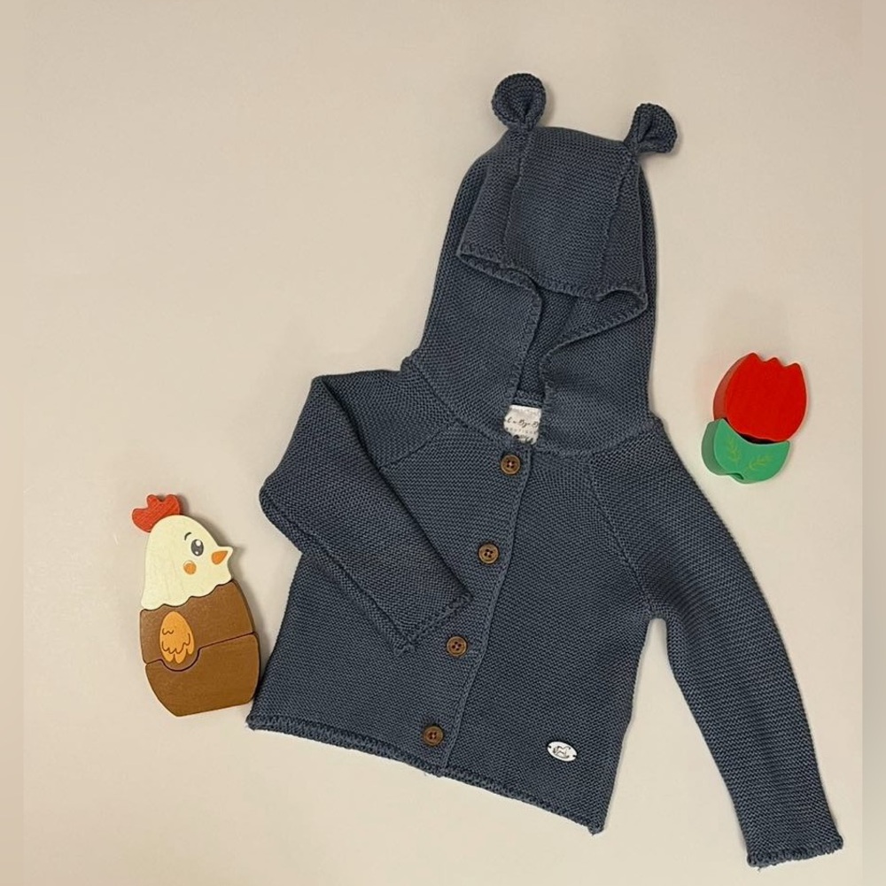 Rock a Bye Baby Knit Sweater Bear Ears Hood Size 0-3 Months Adorable Blue NWT